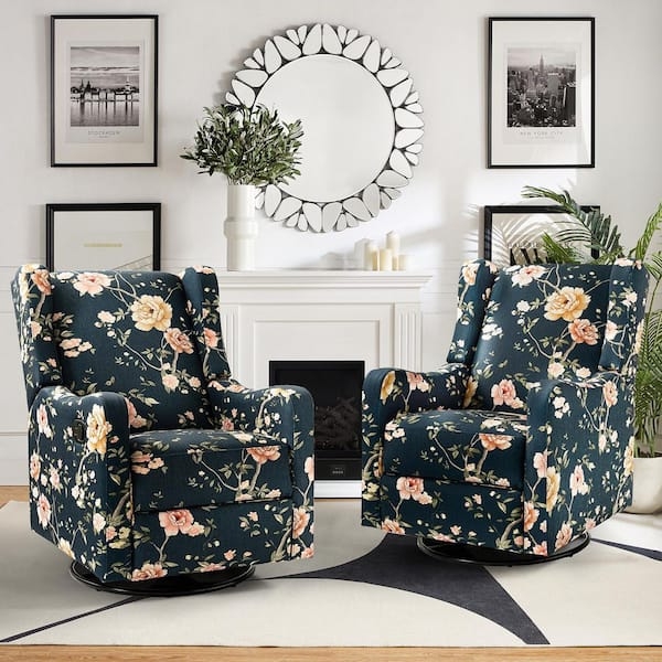 Recliner with Floral Wingback Design and Navy Swivel Rocker Base