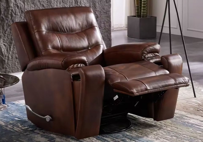Recliner with Horizontal Back Stitching, Dark Brown Leather-Like Glider.
