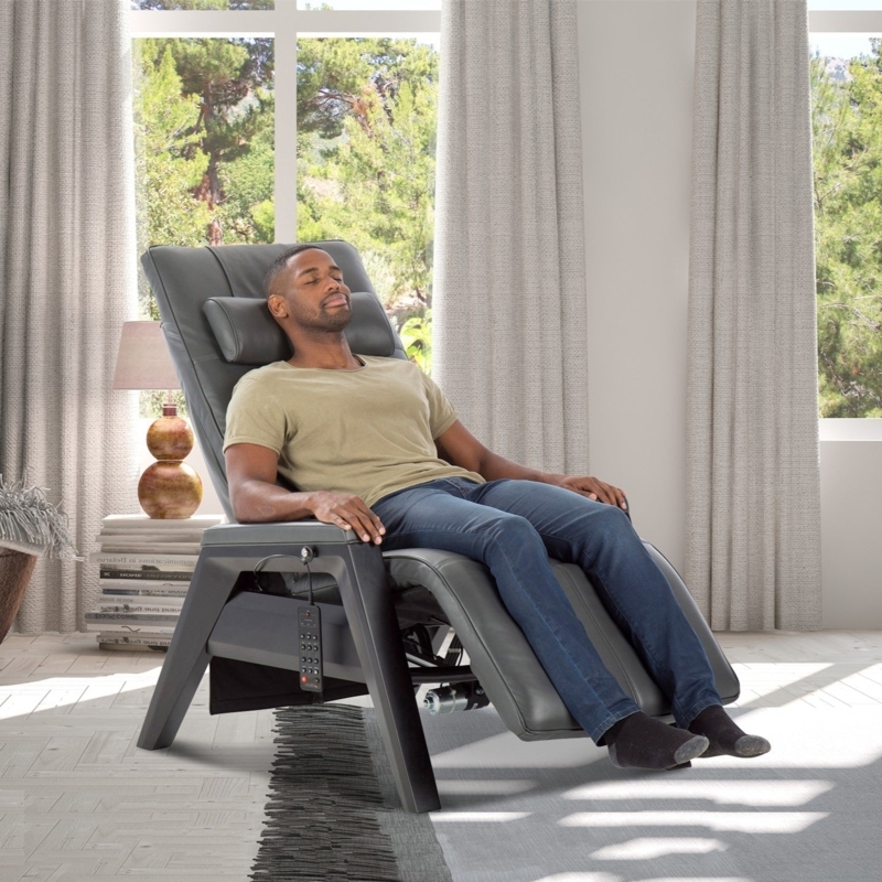 Recliner with Open Wood Frame, Dark Gray Leather-Like & Wired Remote