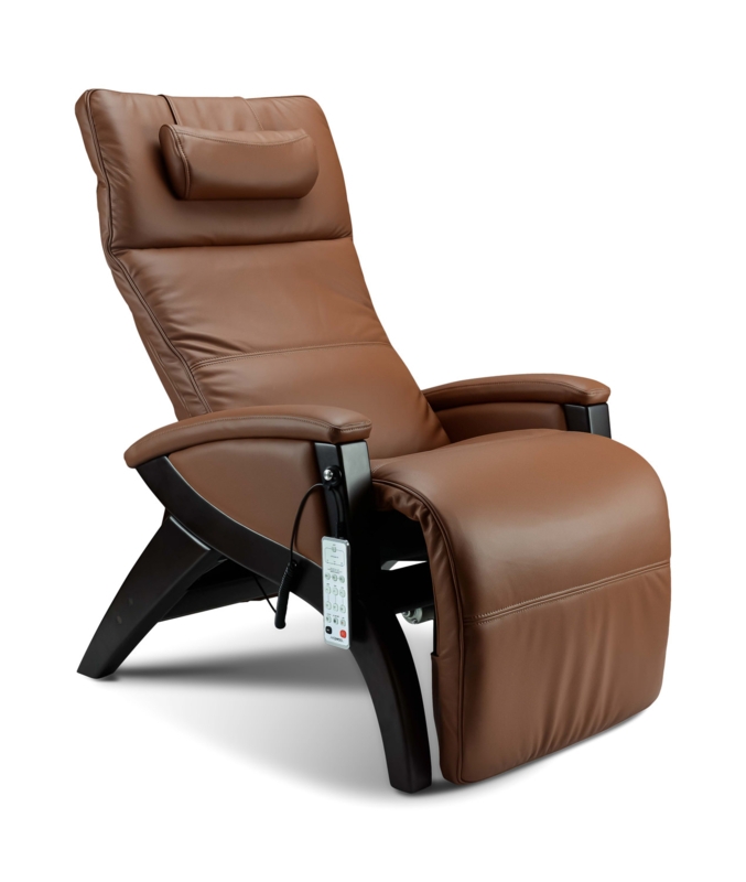 Recliner with Sculptural Wood Frame, Wired Remote & Cognac Leather-Like