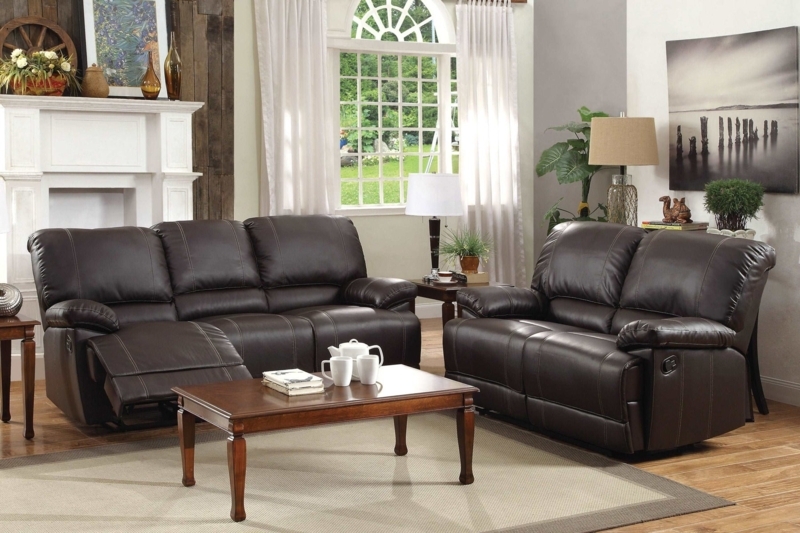 Reclining Living Room Set Dark Brown Leather-Like Plush Overstuffed