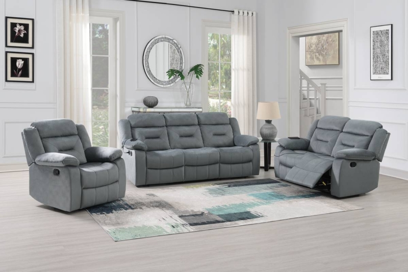 Reclining Living Room Set Grey Velvet Manual with Cup Holders