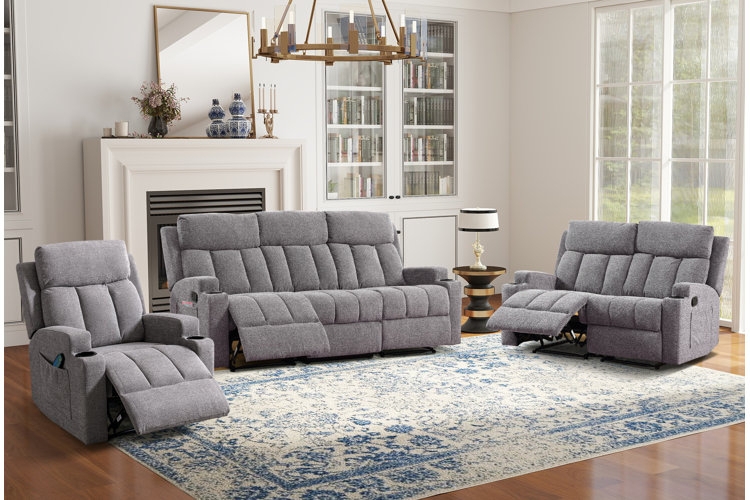 Reclining Living Room Set in Gray Fabric with Vertical Channel Tufting