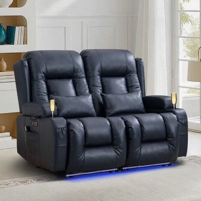 Reclining Loveseat, Navy Power Recline with LED Lighting and Cup Holders