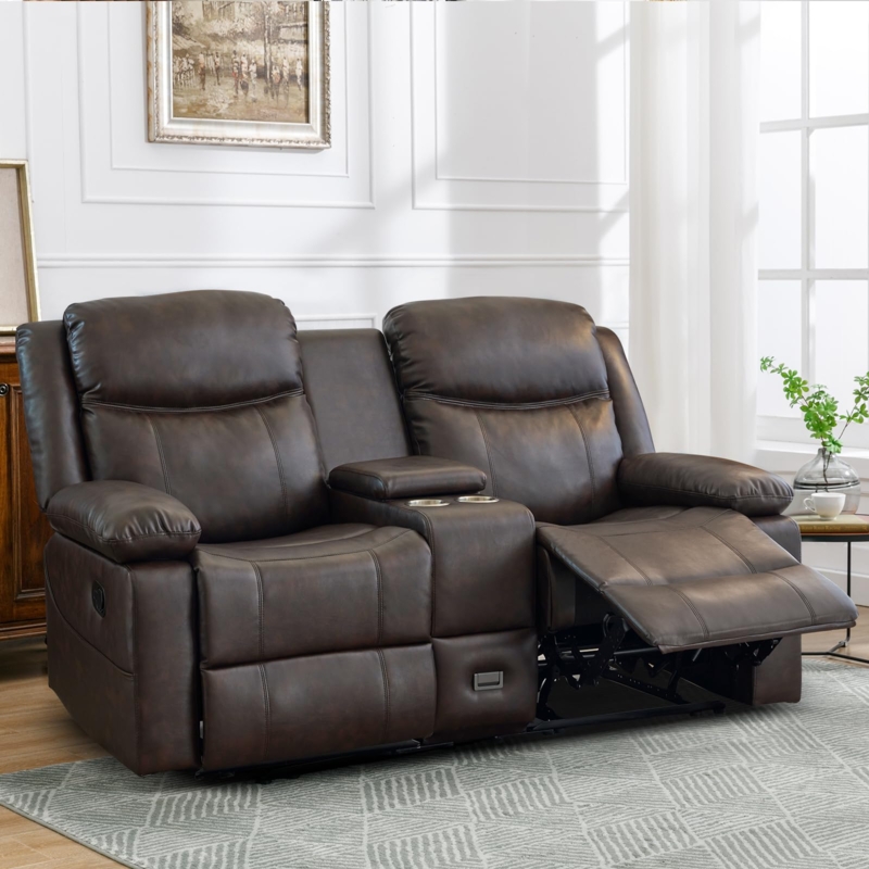 Reclining Loveseat with Console, Dark Brown Faux Leather, Cup Holders