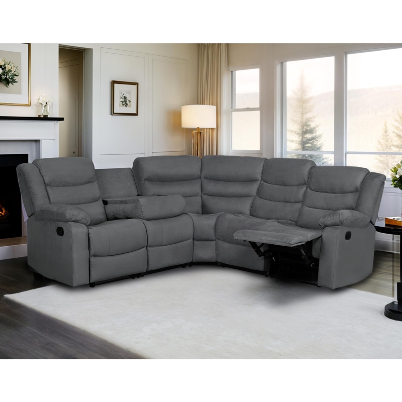 Reclining Sectional Sofa in Deep Charcoal Microfiber with Cup Holders