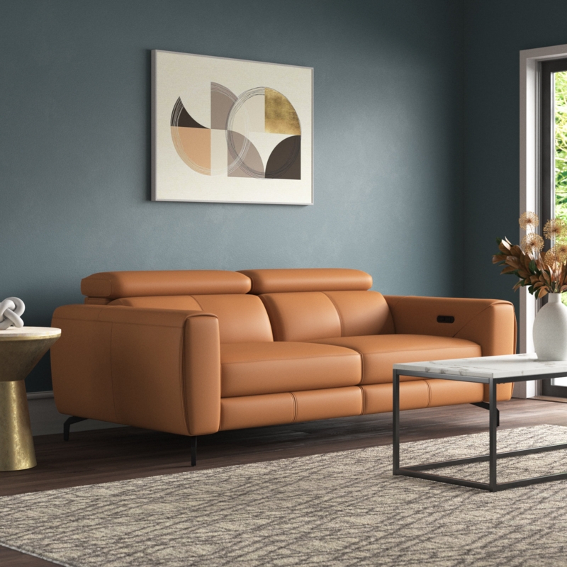 Reclining Sofa Camel Leather-Like Adjustable Headrests, Modern Power Seat