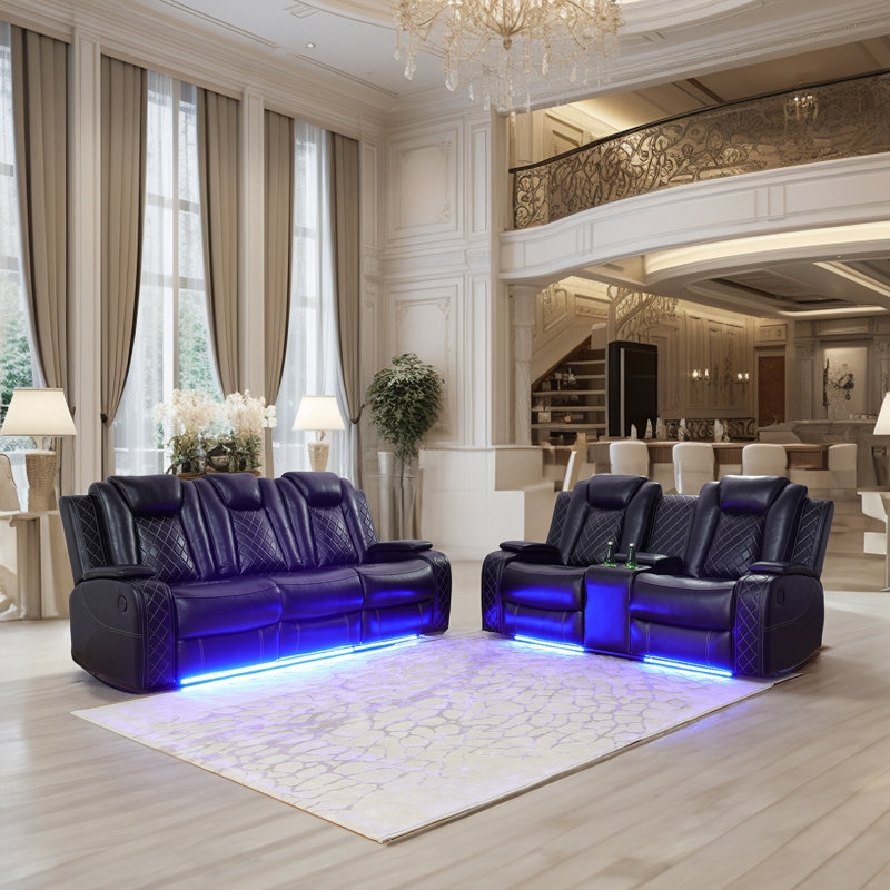 Reclining Sofa Navy LED Base Lighting Diamond Quilted, Theater Seating