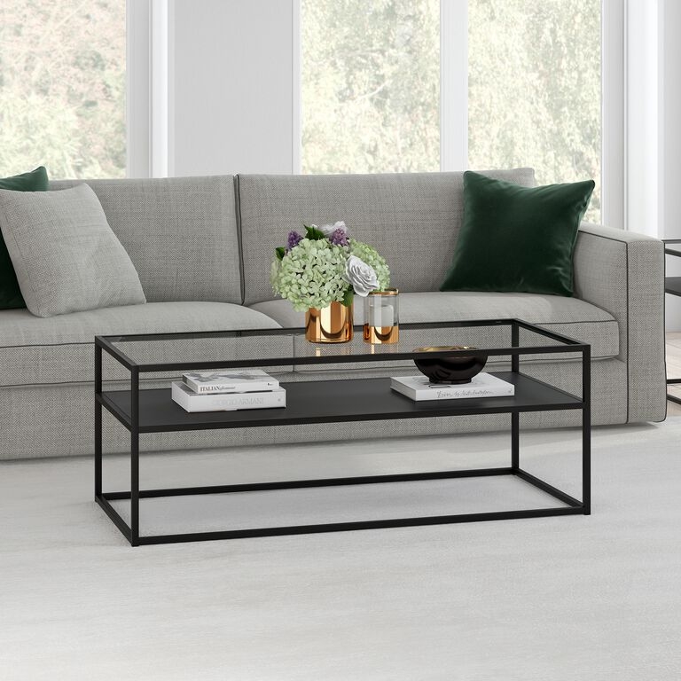 Rectangular Coffee Table featuring Inset Glass Top and Solid Lower Shelf