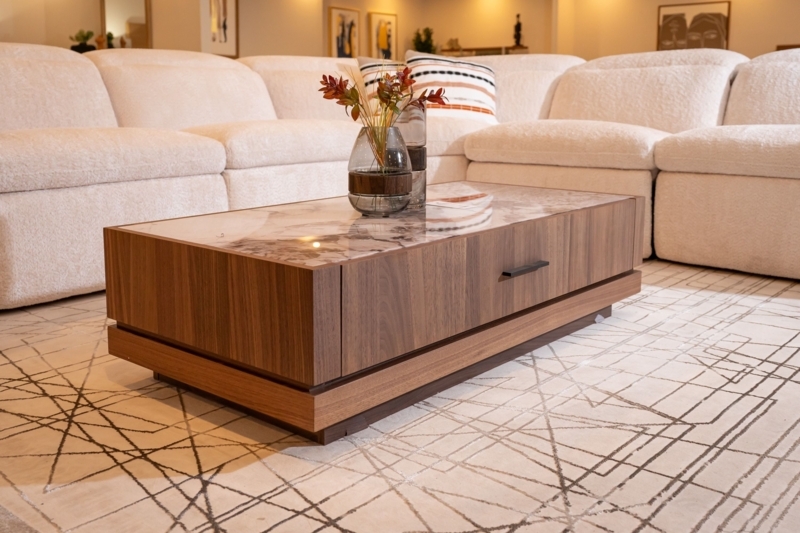Rectangular Coffee Table Plinth Base Stone Like Top Storage Drawer