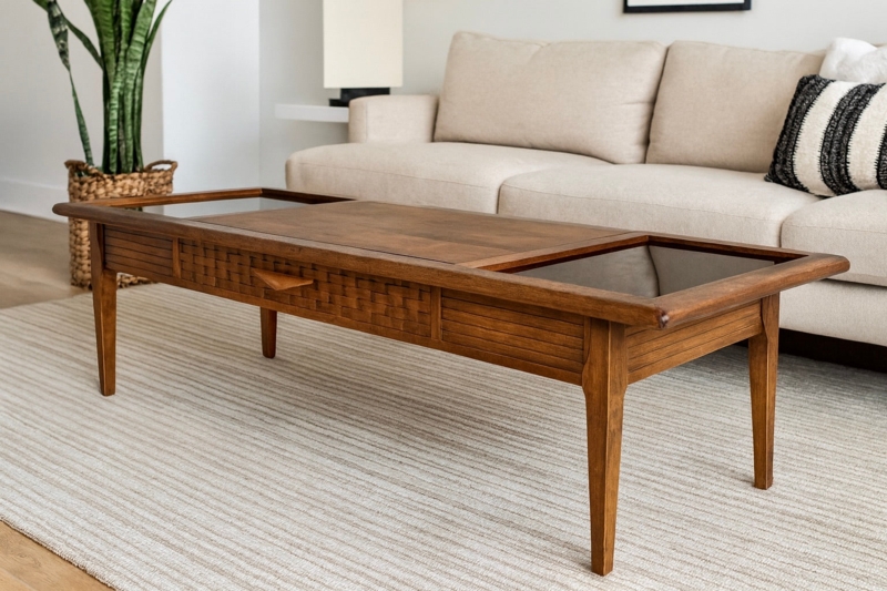 Rectangular Coffee Table Smoked Glass Panels Basketweave Front