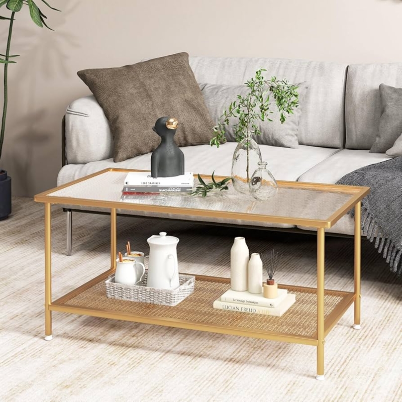 Rectangular Coffee Table with Gold Frame and Woven Lower Shelf