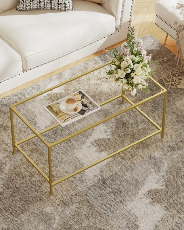 Rectangular Coffee Table with Minimalist Frame and Dual Glass Tiers