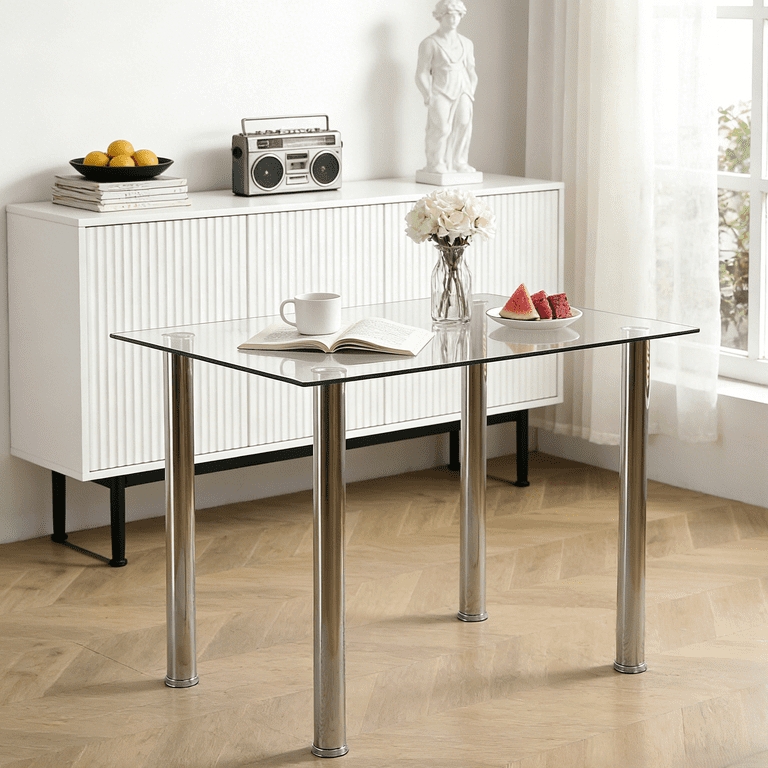 Rectangular Dining Table Glass Top Mirror Polished Chrome Legs