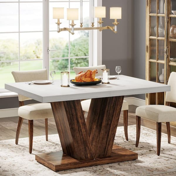 Rectangular Dining Table V-Shaped Pedestal Two-Tone White & Dark Wood
