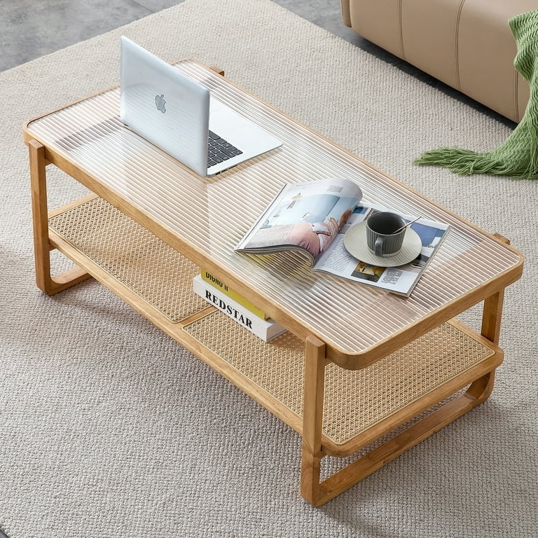 Rectangular Japandi Coffee Table with Fluted Glass and Woven Shelf