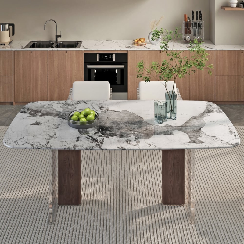 Rectangular Marbled Stone Dining Table with Transparent Acrylic Legs