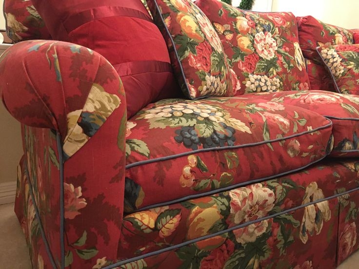Red Floral Sofa with Contrast Blue Piping and Pleated Rolled Arms