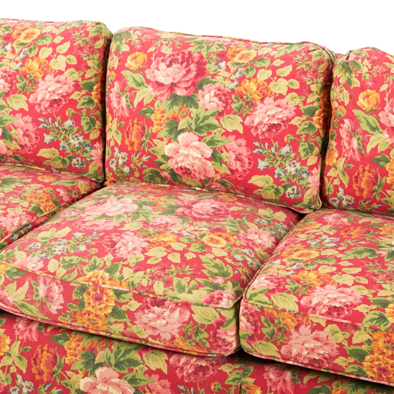 Red Floral Sofa with Piped Cushion Edges and Boxed Cushions