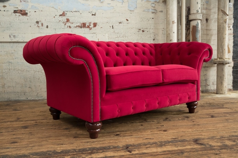 Red Velvet Chesterfield Sofa with Deep Button Tufting
