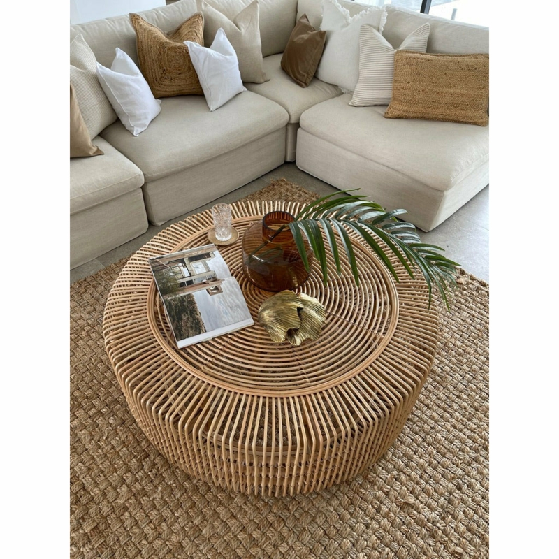 Reeded Drum Coffee Table, Round Rattan, Organic Modern Style