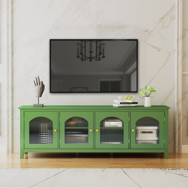 Retro Green TV Stand with Arched Fluted Glass Doors