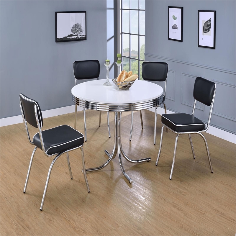 Retro Round Dining Table with White Top and Polished Chrome Pedestal