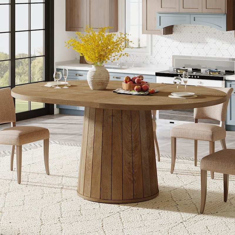 Ribbed Base Oval Dining Table Wood Toned Modern Farmhouse Kitchen
