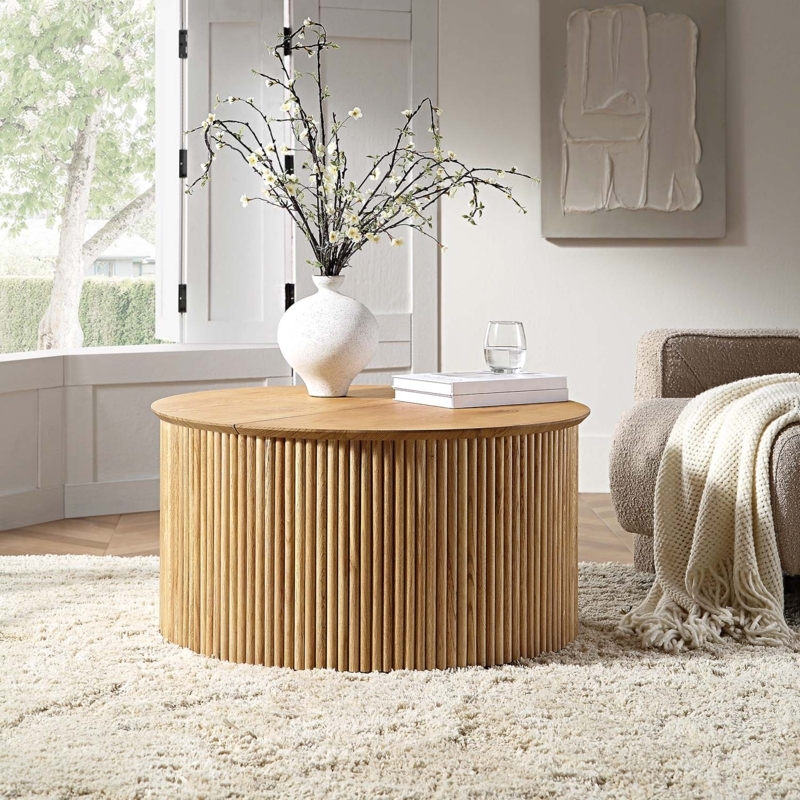 Ribbed Drum Coffee Table with Hidden Storage, Light Oak Japandi Design