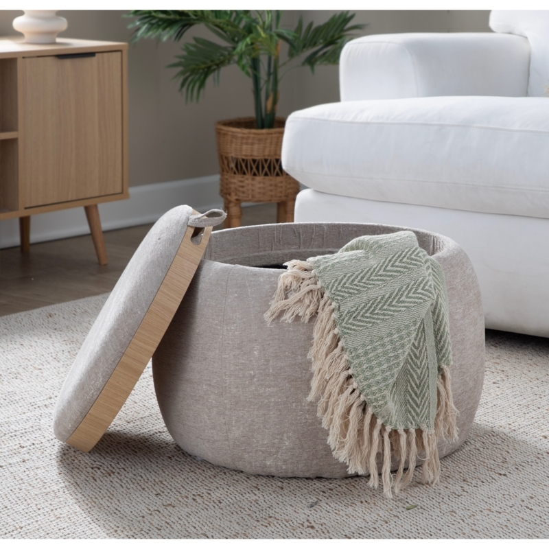 Ribbed Fabric Storage Pouf with Wood Tray Top in Charcoal