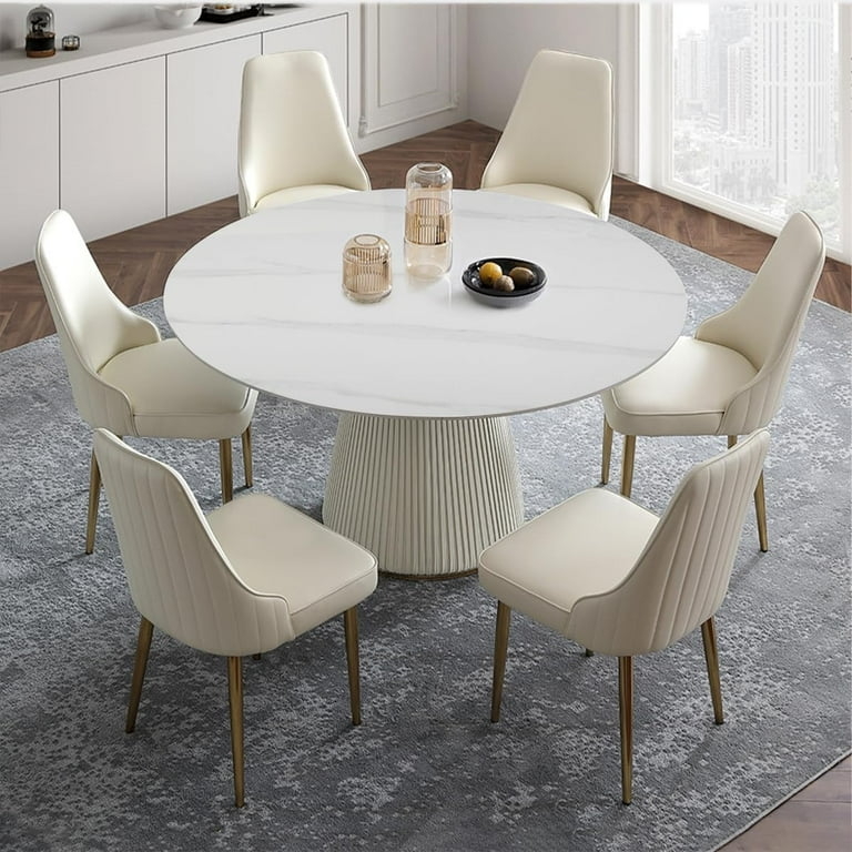 Ribbed Pedestal Dining Table Set with Cream Chairs and Gold Legs