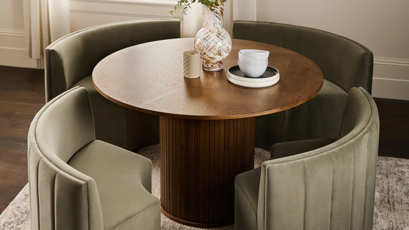 Ribbed Pedestal Dining Table Set with Four Curved Velvet Benches