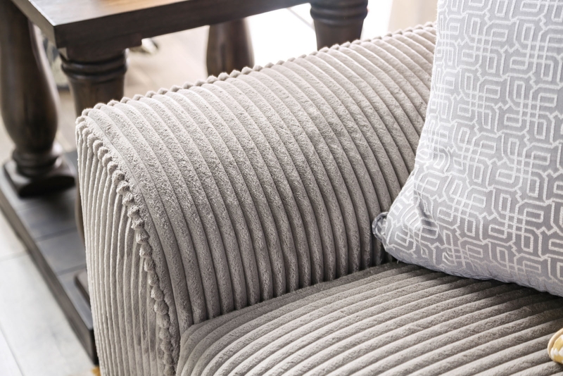 Ribbed Sofa, Corduroy Texture Upholstery, Rolled Arms.