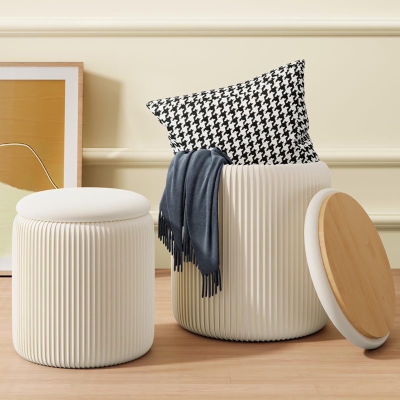 Ribbed Storage Ottoman Set of 2 in Creamy White with Hidden Storage