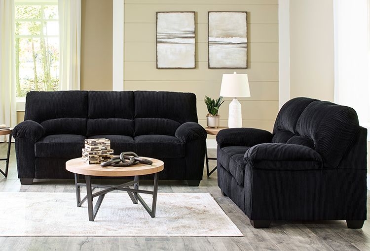 Ribbed Texture Living Room Set, Black Corduroy Style with Pillow Arms.