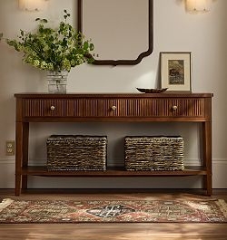 Ribbed Wood Console Table with Three Drawers and Lower Shelf