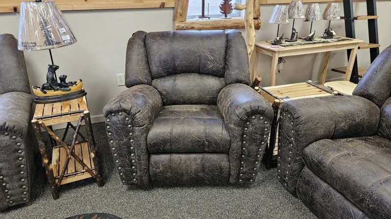 Rocker Recliner in Weathered Charcoal Leather-Like Finish with Nailheads