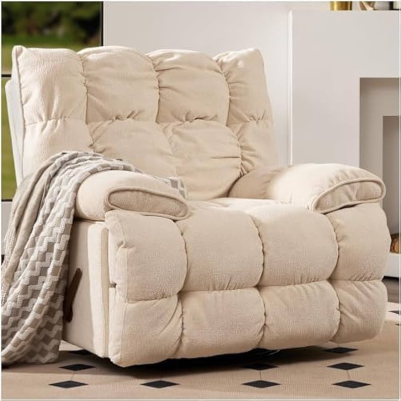 Rocker Recliner with Biscuit Tufting and Padded Arms, Cream Fabric