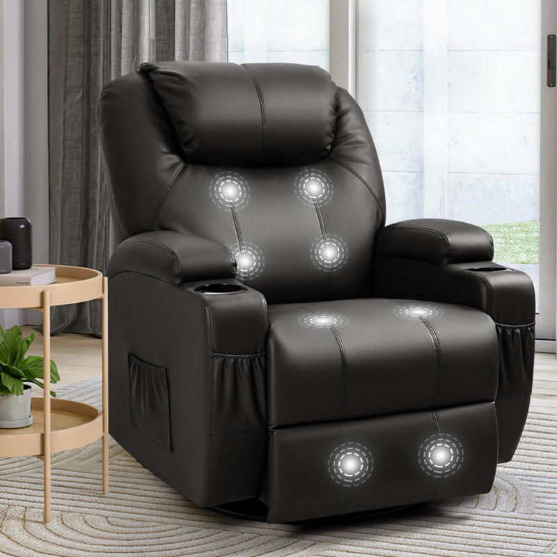 Rocker Recliner with Massage Function, Cup Holders, and Side Pockets