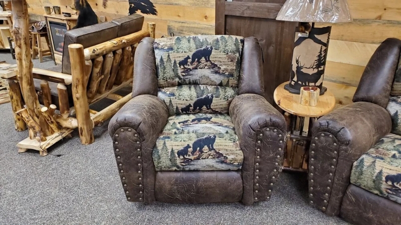 Rocker Recliner with Rustic Bear Print Tapestry and Leather-Like Arms