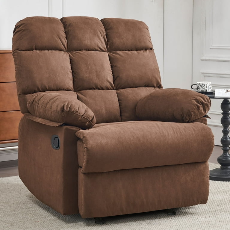 Rocker Recliner with Segmented Backrest and Padded Arms, Brown Fabric