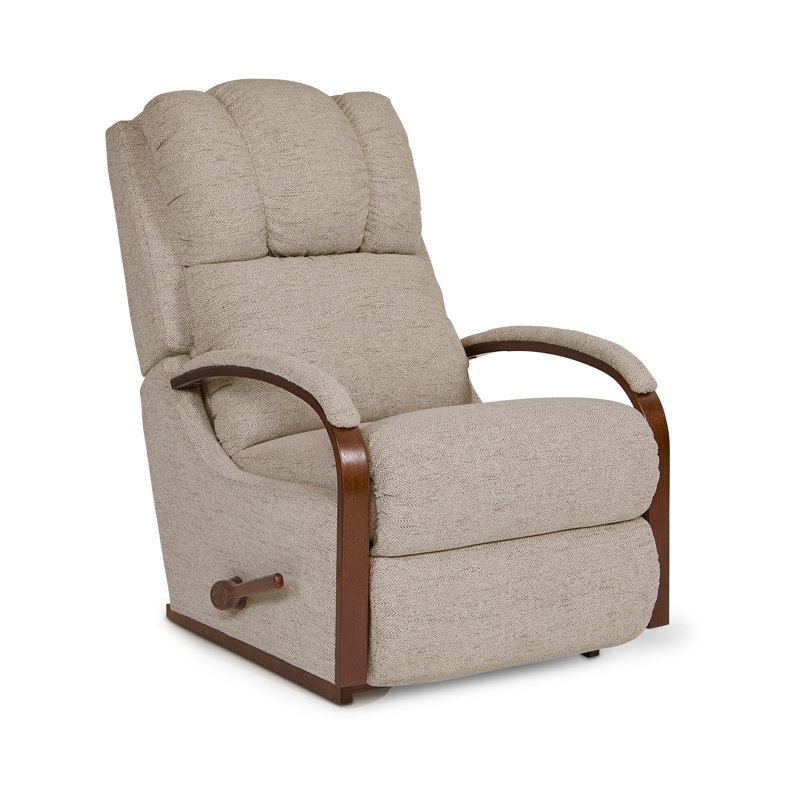 Rocking Recliner with Curved Wooden Arms in Almond Textured Fabric