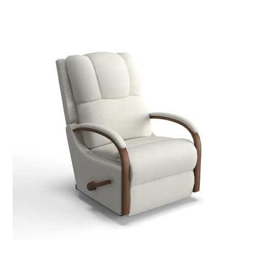 Rocking Recliner with Curved Wooden Arms in Cream Upholstery