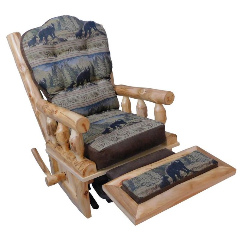 Rocking Recliner with Log Frame, Bear Pattern, and Side Wooden Lever