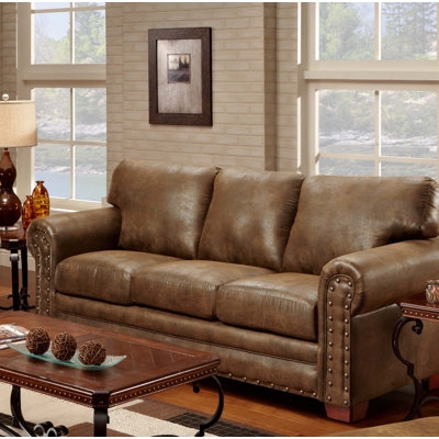 Rolled Arm Leather-Like Couch with Traditional Weathered Upholstery