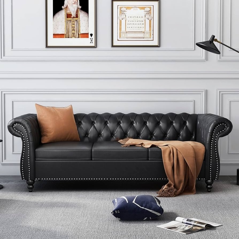 Rolled Arm Sofa, Diamond Tufted Leather-Like Chesterfield Couch