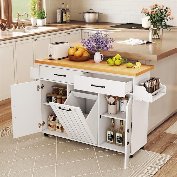 Rolling Kitchen Cart with Spice Rack and Tilt-Out Trash Bin, White