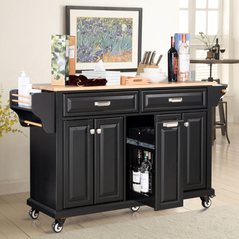Rolling Kitchen Island Black Finish with Pull-Out Bottle Rack Storage