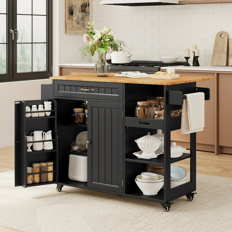 Rolling Kitchen Island with Door Mounted Spice Rack and Drop Leaf, Black