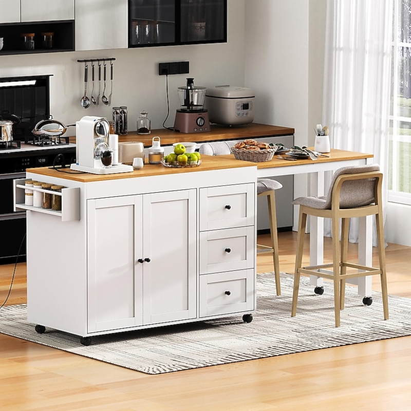 Rolling Kitchen Island with Extendable Top, White & Wood Toned Storage